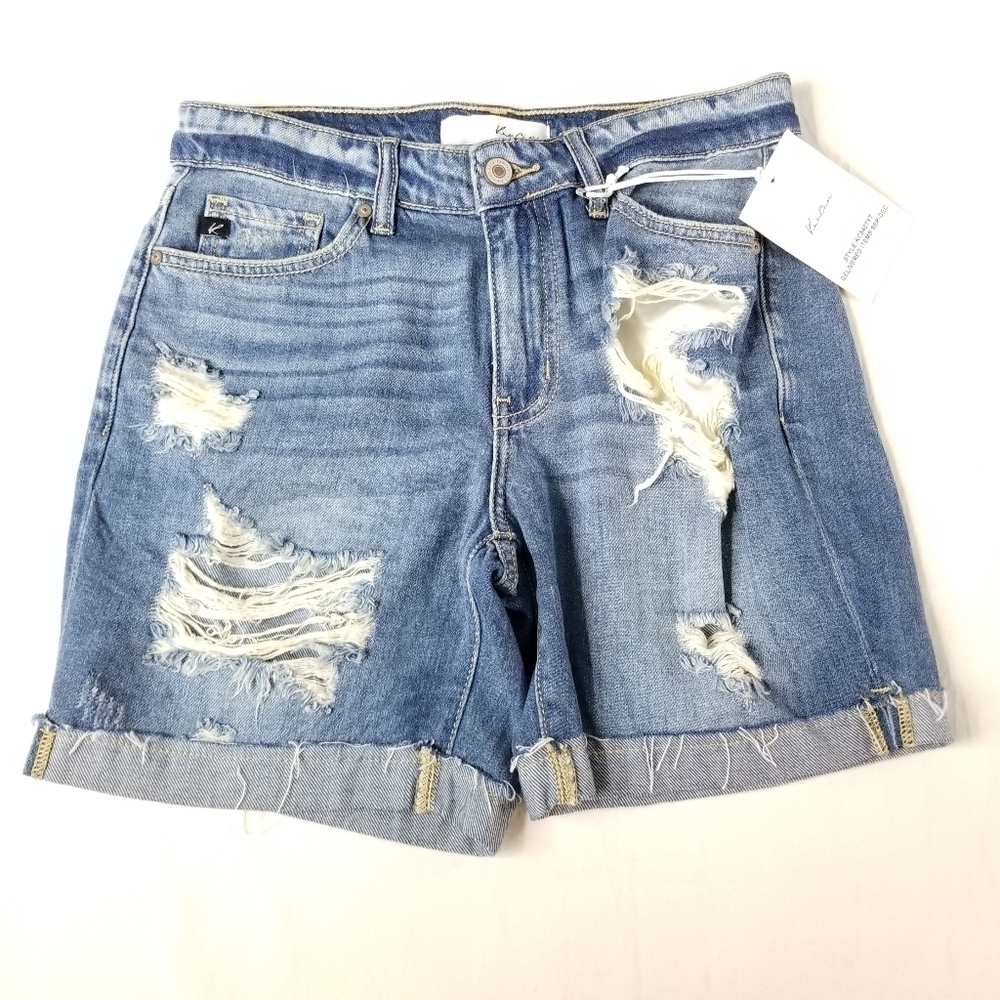 NWT KanCan Women's Mid Rise Medium Wash Distressed Cuffed Denim Jean Shorts, S